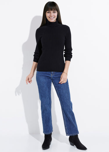 Pull col roulé fin, mailles plates Noir