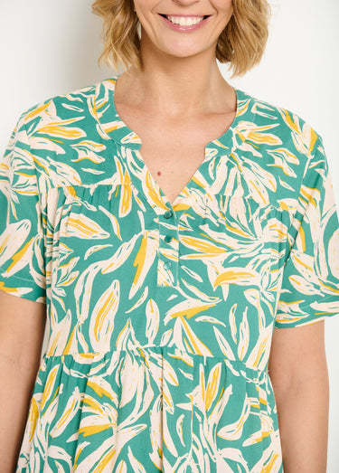 Robe col V boutonnée imprimée manches courtes Vert/Blanc