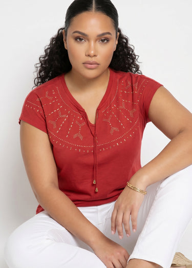T-shirt court uni clouté maille flammée Paprika
