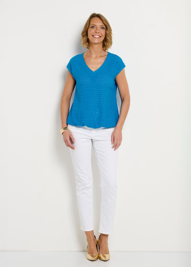 T-shirt ample blousant court uni col V Turquoise