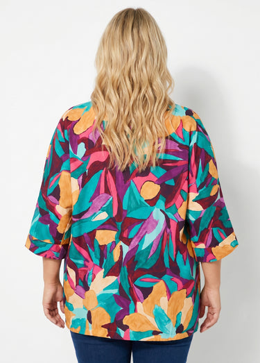 Veste longue ample motif floral Violet/Bleu