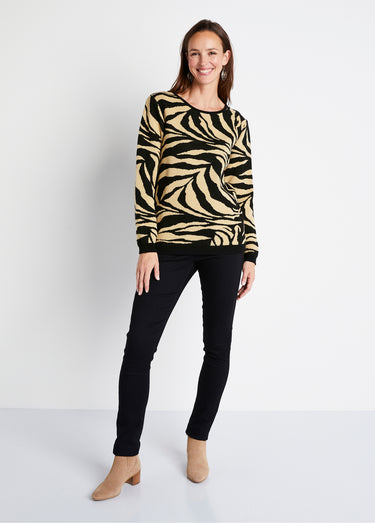 Pull doux jacquard zèbre col rond Beige/Noir