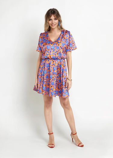 Robe courte satinée col V, motif fleuri Orange/Violet