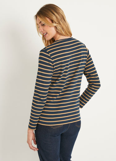 T-shirt marinière court coton manches longues Marine/Camel