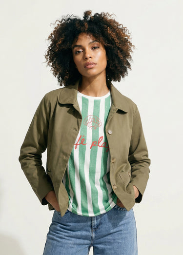 Veste boite en coton, avec col claudine Kaki