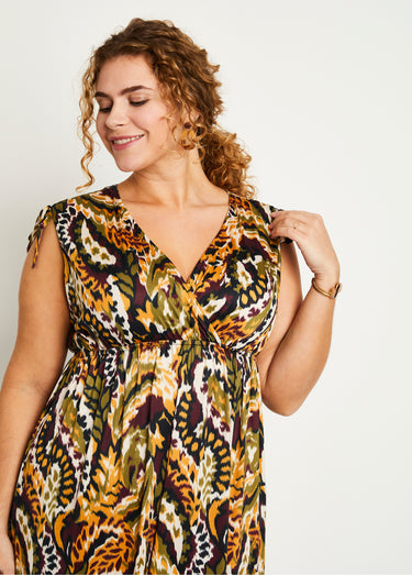 Robe longue col V imprimée sans manches Ocre/Vert