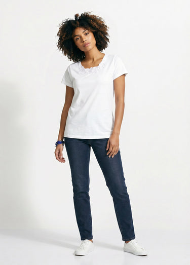 Top long manches courtes broderies col rond Blanc