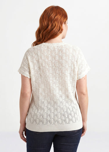 Pull coton court col rond ajouré effet crochet Ecru
