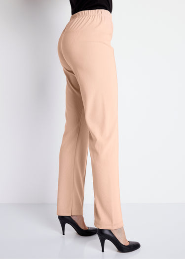 Pantalon droit taille élastiquée maille côtelée Beige