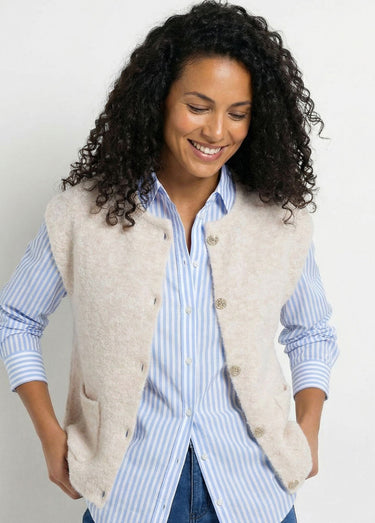 Gilet sans manches boutons dorés maille bouclette Beige