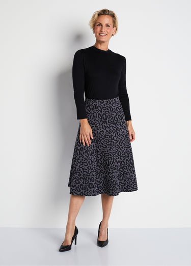 Jupe longue évasée maille jacquard Gris / Leopard