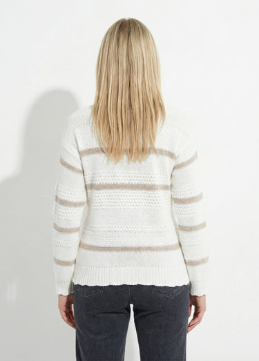 Pull doux rayé col rond maille fantaisie Écru / Doré