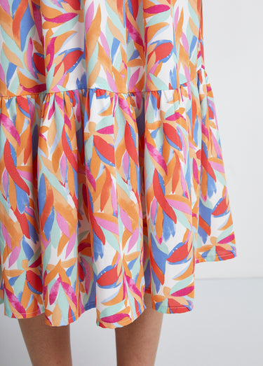 Robe longue volantée smockée dos Orange/Bleu