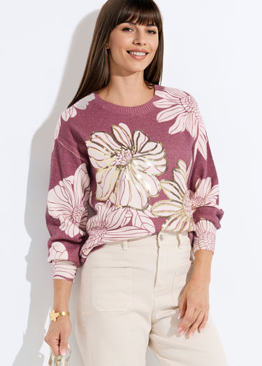Pull fin imprimé fleurs sequins col rond Grenat