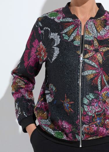 Blouson esprit bomber tissu bouclette imprimé Noir/Rose