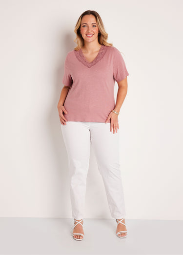 T-shirt manches courtes coton et macramé Rose