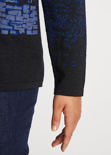 Pull chaud laine mérinos jacquard col rond Noir/Bleu