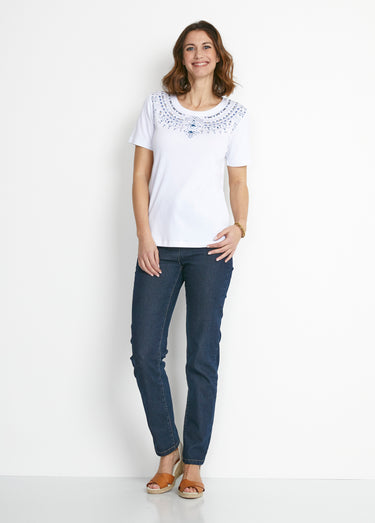 T-shirt manches courtes col motif clouté Blanc