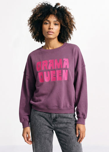 Sweat col rond, message Drama Queen Bordeaux/fuchsia