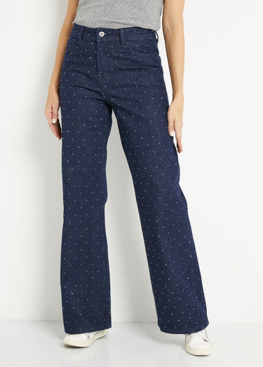 Jean large brut recouvert de strass Bleu Brut