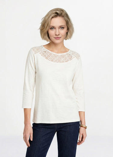 T-shirt coton et dentelle manches 3/4 Blanc