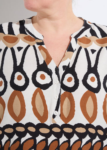 Blouse col V boutonné, imprimé ethnique Imprime Marron