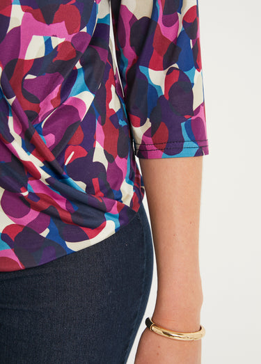 T-shirt blousant cache-coeur manches 3/4 Rose / Bleu