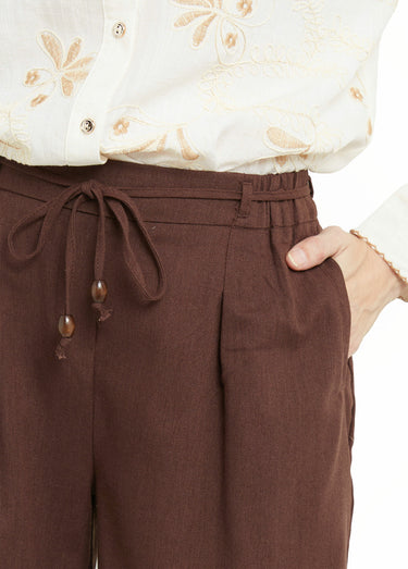 Pantalon large avec lin, style ethnique Chocolat