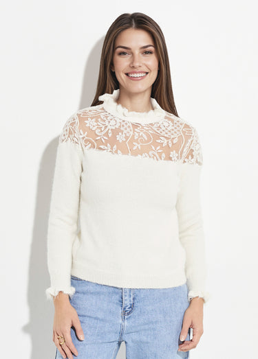 Pull chic en dentelle et maille avec laine Ecru