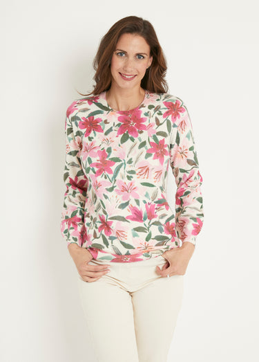 Pull doux imprimé fleurs col rond Imprime/Rose