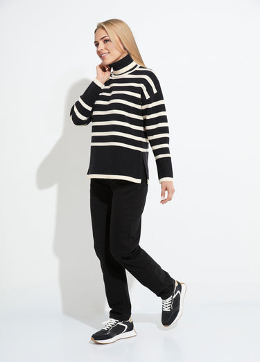 Pull col roulé manches longues descendues Raye Noir