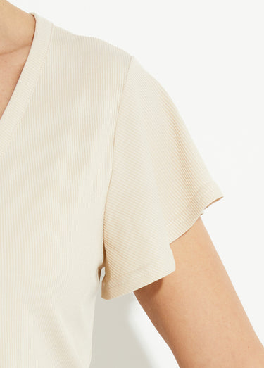 T-shirt col V jersey cotelé, Essentiel Ecru