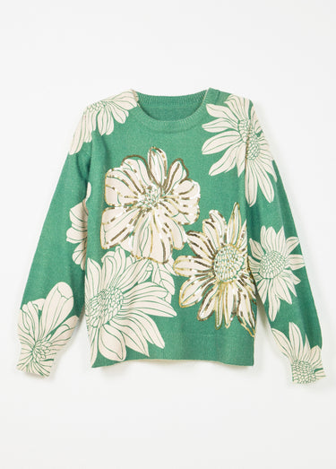 Pull fin imprimé fleurs sequins col rond Vert