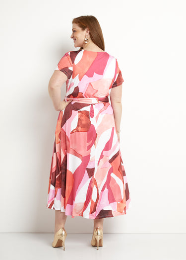Robe longue cache-coeur ceinturée imprimée Rose/Orange