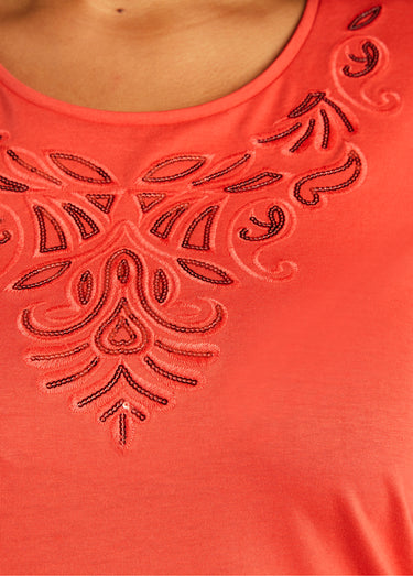 T-shirt court brodé manches 3/4 Orange