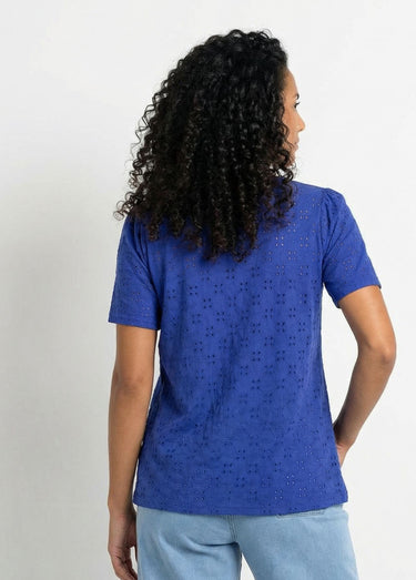 T-shirt col V effet broderie manches courtes Bleu Dur