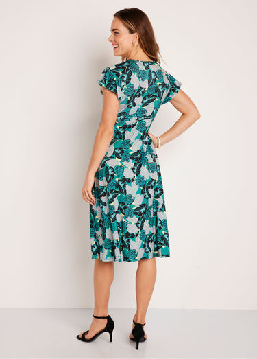 Robe courte cache-coeur motif végétal Vert/Rose