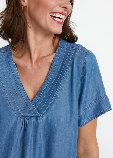 Robe courte droite tissu lyocell Bleu