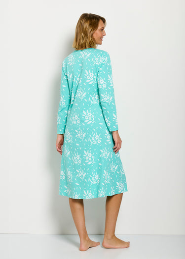 Chemise de nuit boutonnée coton mi longue fleurie Vert
