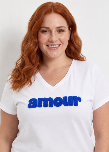 T-shirt encolure V avec broderie Amour Blanc/Bleu