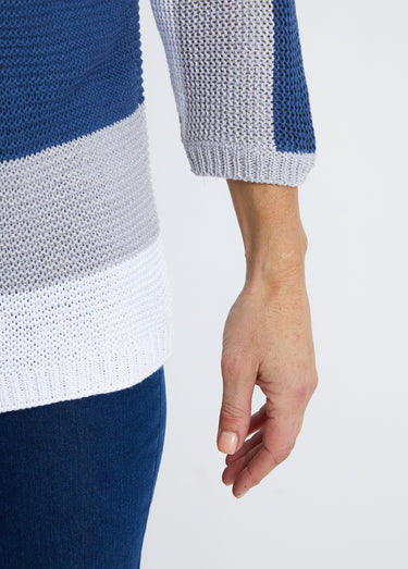 Pull rayé manches 3/4 point mousse Bleu / Gris