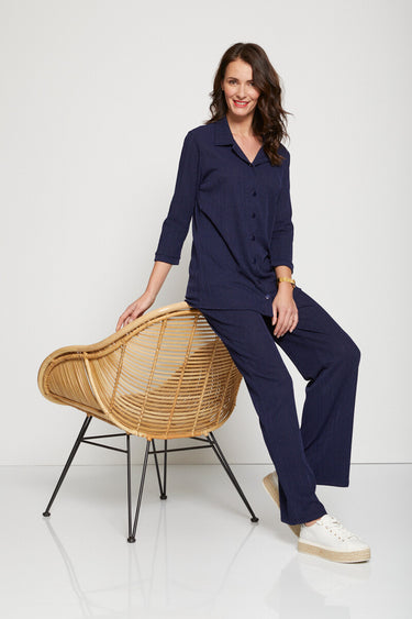 Veste légère col chemisier maille fantaisie Marine