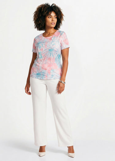 T-shirt court motif et strass col rond Aqua/Rose