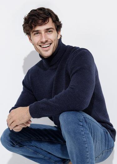 Pull col roulé chaud en laine majoritaire Bleu Marine