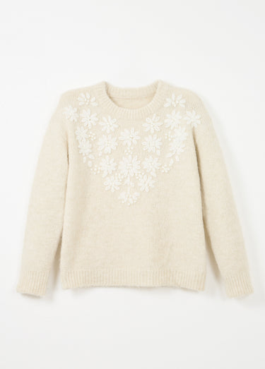 Pull moelleux col rond fleurs brodées Beige