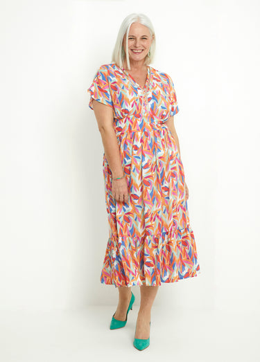 Robe longue volantée smockée dos Orange/Bleu