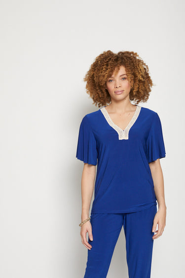 T-shirt court ample finition macramé Uni Bleu