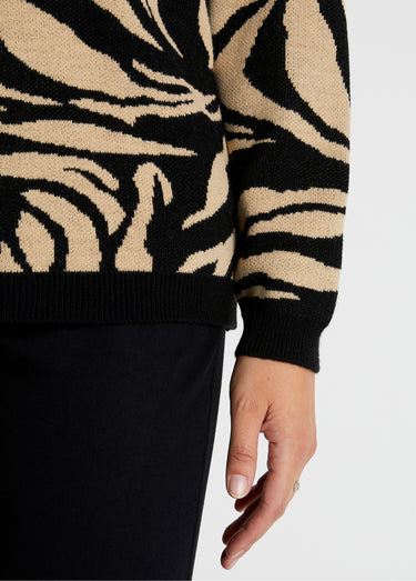 Pull doux jacquard zèbre col rond Beige/Noir