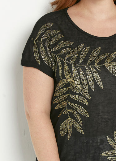 T-shirt col rond maille flammée motif doré Noir