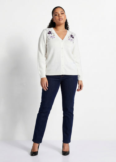 Gilet doux uni col V boutonné court brodé Ecru
